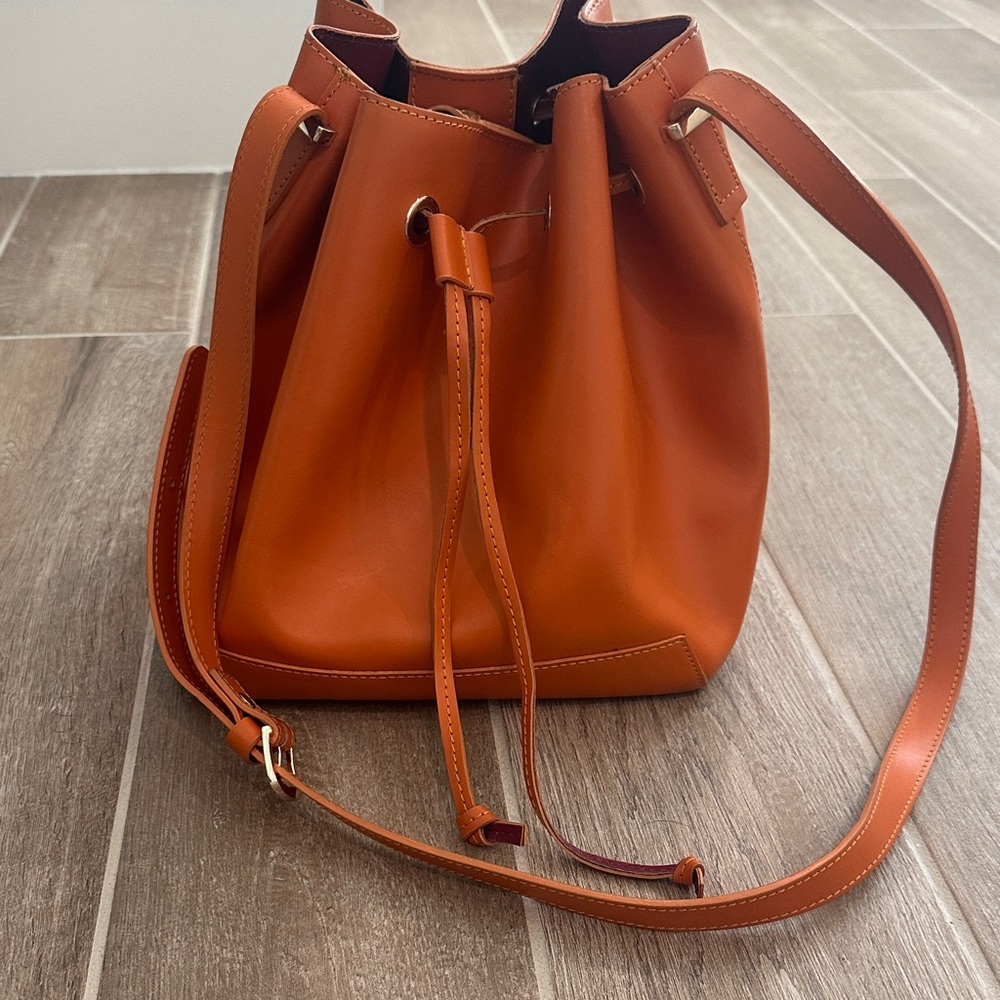 Italian orange leather bucket bag
